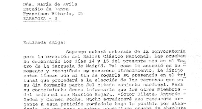 Carta invitación para participar en tribunal de selección
                              del Ballet Clásico Nacional, 3 de noviembre de 1978.
                              Archivo CDAEM