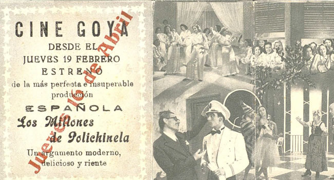 Entrada y folleto de la película <em>Los millones de Polichinela </em>(Gonzalo Delgrás, 1941). Archivo Ana I. Elvira