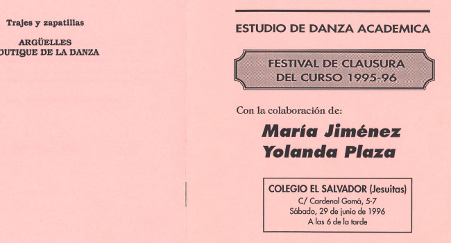 Programa  función fin de curso, Estudio de Danza Académica María de Ávila,  29 de junio de 1996. Legado familiar de María de Ávila