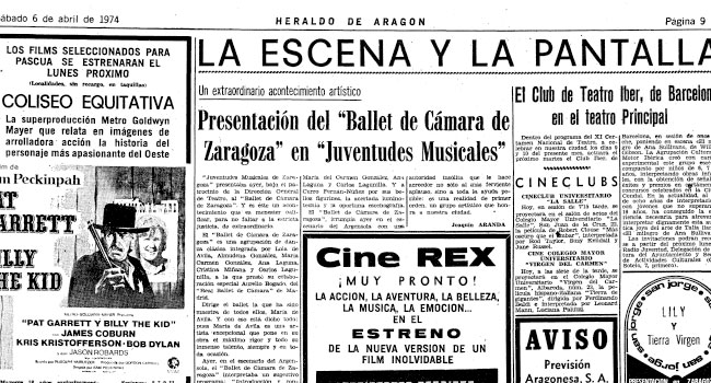 Joaquín Aranda, “Presentación del Ballet de Cámara de
Zaragoza”, <em>Heraldo de Aragón</em>, 6 de abril de 1974