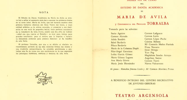 Programa función fin de curso, Estudio de Danza Académica María de Ávila, 20 de abril de 1956. Associació LiceXballet (Carmen Cavaller)