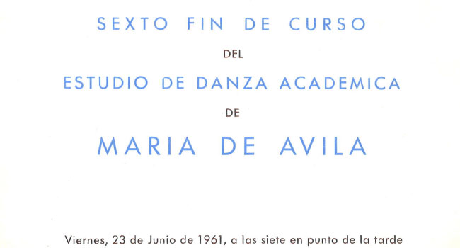 Programa función fin de curso, Estudio de Danza Académica María de Ávila, 23 de junio de 1961. Archivo Ángela Santos