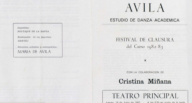 Programa  función fin de curso, Estudio de Danza Académica María de Ávila, 16 de junio de 1983. Archivo Marta Charfolé