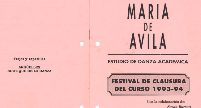 Programa  función fin de curso, Estudio de Danza Académica María de Ávila,  22 de junio de 1994. Legado familiar de María de Ávila